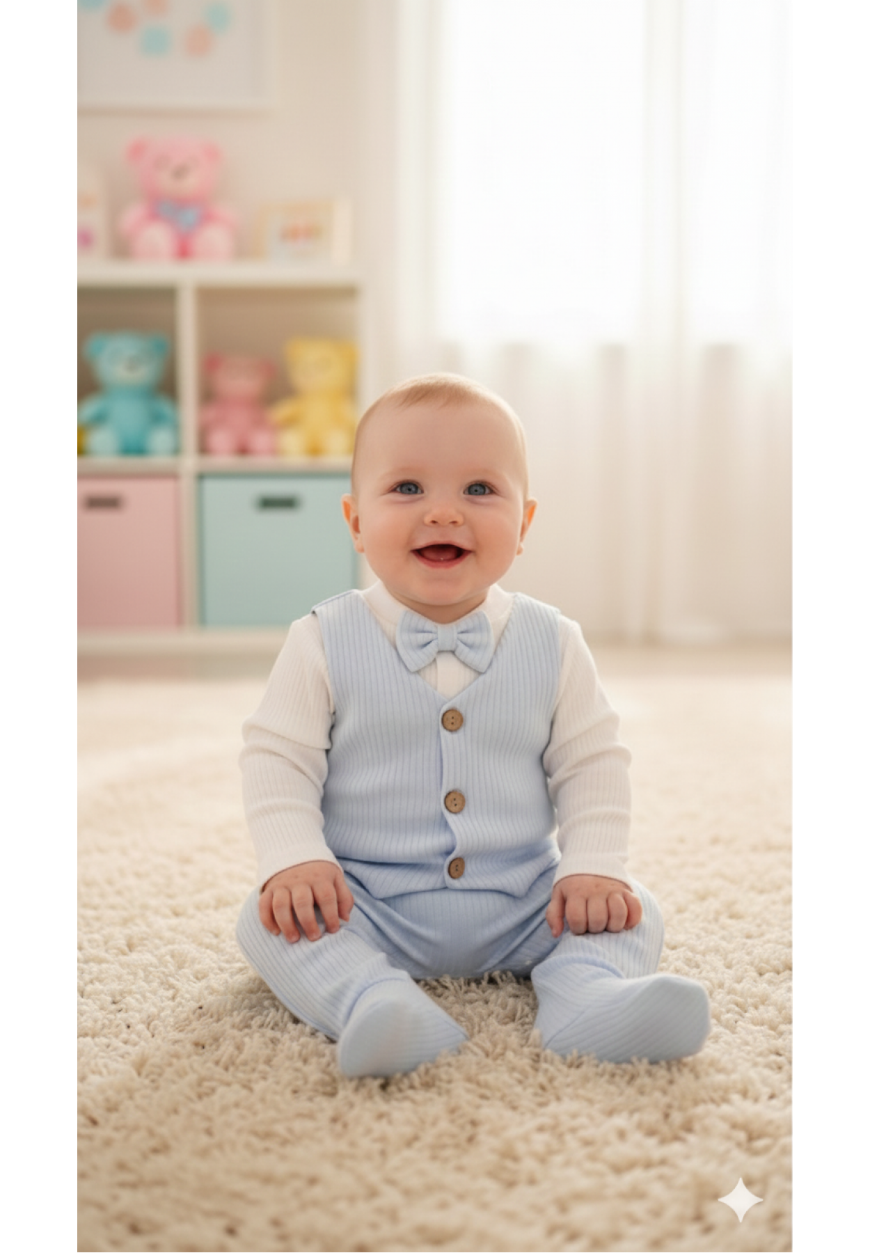 Baby Maa Fitilli Pamuklu 3'lü Yelekli Papyonlu Patikli Yenidoğan Bebek Takımı