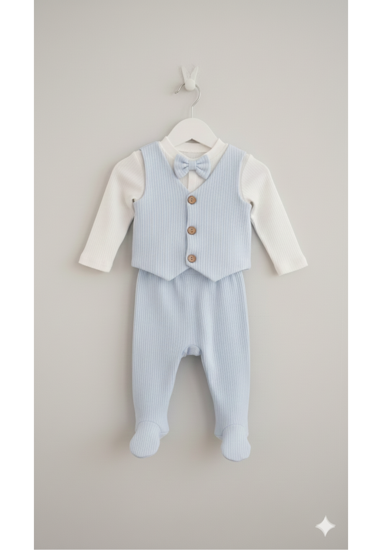 Baby Maa Fitilli Pamuklu 3'lü Yelekli Papyonlu Patikli Yenidoğan Bebek Takımı