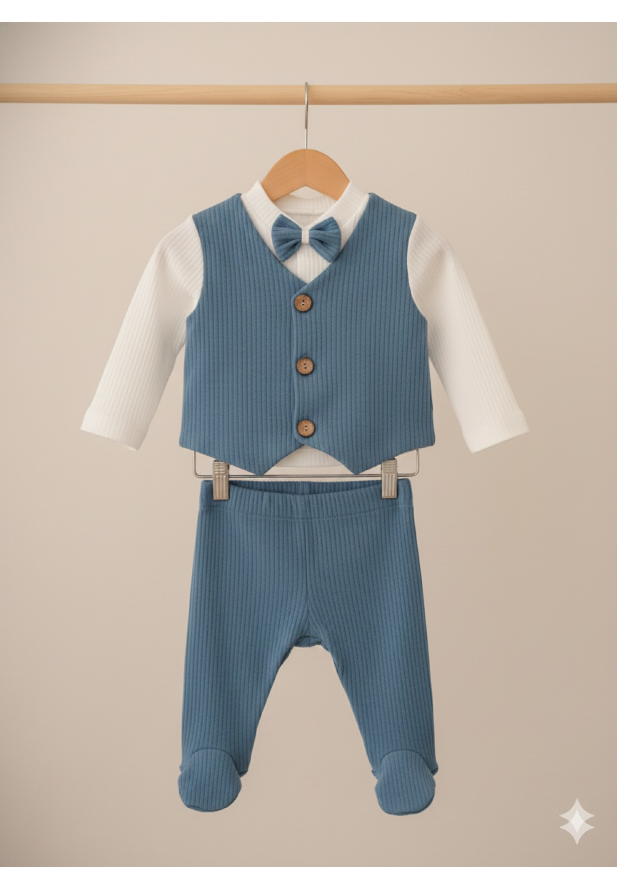Baby Maa Fitilli Pamuklu 2'li Yelekli Papyonlu Patikli Yenidoğan Bebek Takımı