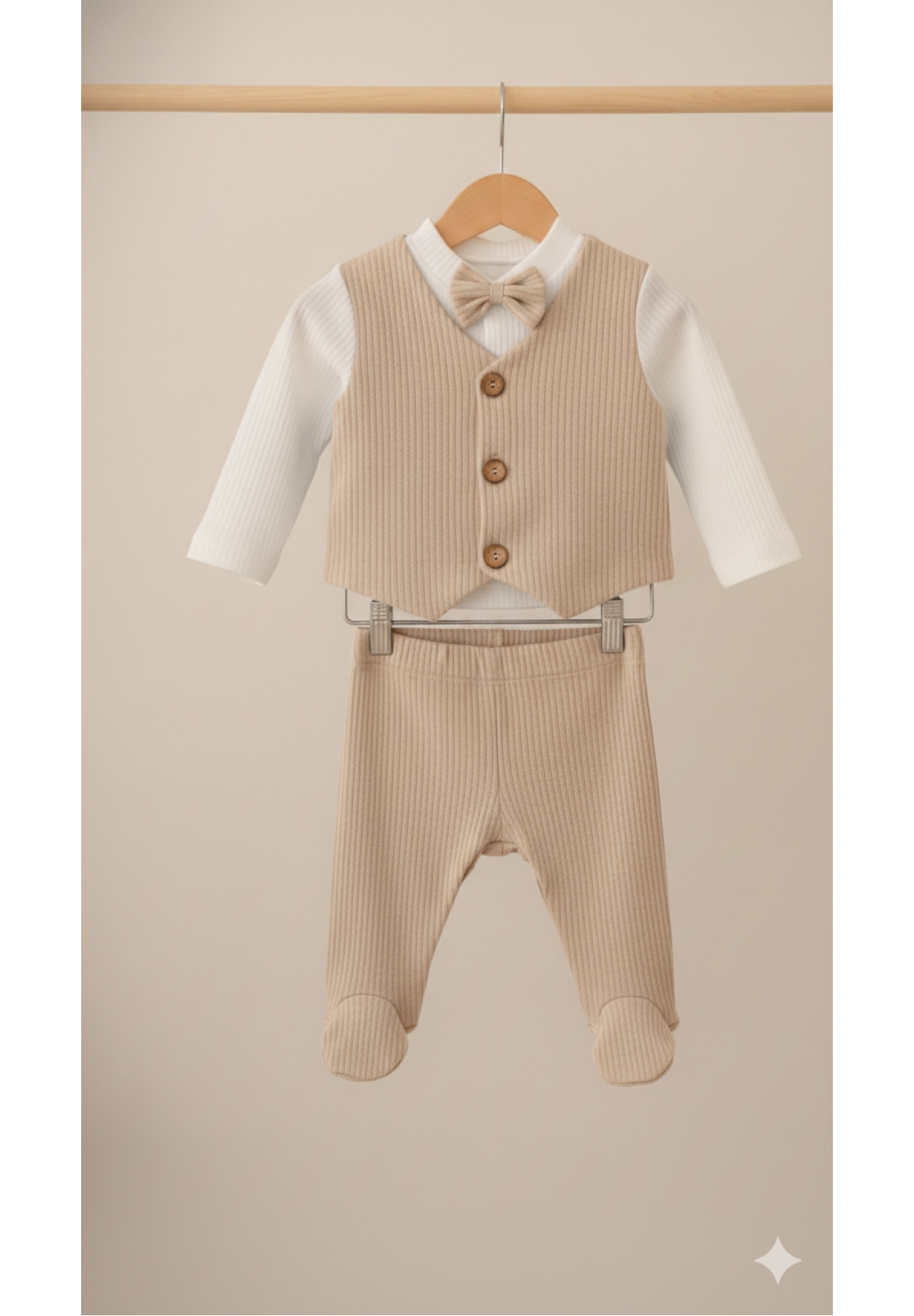 Baby Maa Fitilli Pamuklu 3'lü Yelekli Papyonlu Patikli Yenidoğan Bebek Takımı